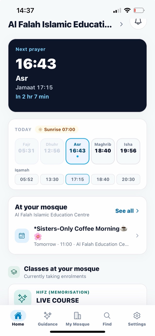 The Home screen: the next prayer and jamaat time, today’s times, news and classes from your mosque