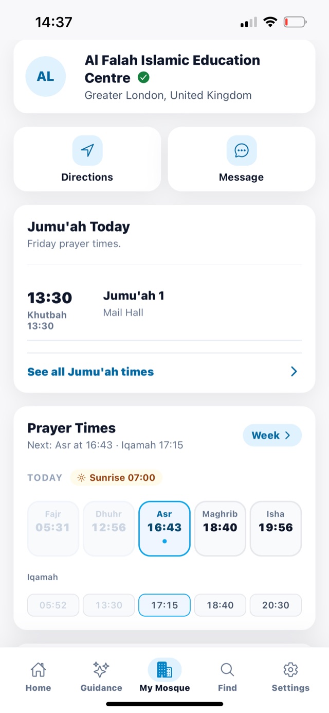 My Mosque: directions, messages, today’s Jumu’ah and prayer times